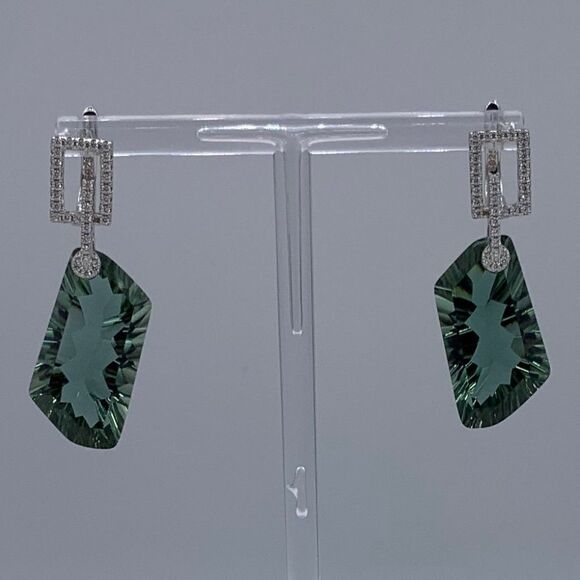 New, earrings, solid 925 sterling silver, natural green quartz gem, spectacular - Picture 1 of 16